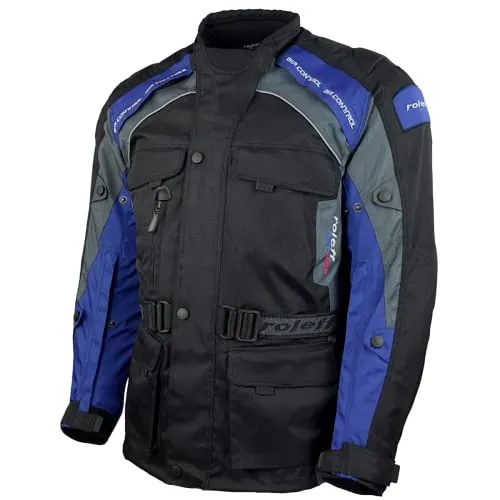 roleff Motorradjacke Liverpool RO Unisex - Blau/Schwarz mit Sicherheitsstreifen - Wasserdichte und winddichte Motorradjacke mit 4 Taschen und reflektierenden Details. Ideal für Sicherheit und Komfort beim Fahren. Unisex-Design, Größe L.