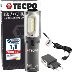TECPO 300550 AKKU Werkstattlampe - Energiesparlampe mit 1000 Lumen, 27 SMD LEDs und IP 54 Schutz, ideal für Werkstätten und Outdoor-Einsätze, bietet vielseitige Beleuchtung durch Stirn- und Stablampe.