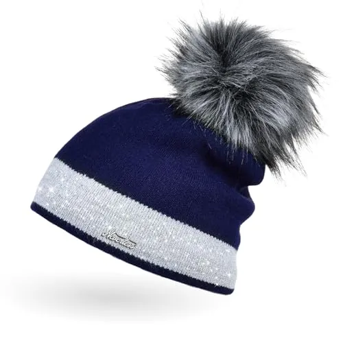 Neverless Damen Strick-Mütze gefüttert mit Fell-Bommel Kunstfell Winter-Mütze Feinstrick Glitzer-Garn Bommelmütze Navy-hellgrau Unisize