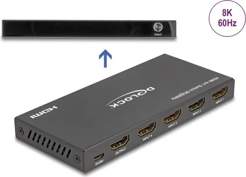 DELOCK HDMI Switch 4x HDMI in zu 1x HDMI - A/V-Umschalter, Verteiler (HDMI) mit 8K 60 Hz Unterstützung für gestochen scharfe Bildqualität und einfache Umschaltung zwischen mehreren Geräten.