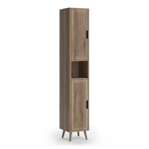 Vicco Hochschrank Eiche 30x170 cm – Moderner Badezimmerschrank mit 4 Fächern - Der elegante Hochschrank aus Holzwerkstoff in warmer Eiche bietet viel Stauraum für Handtücher und Pflegeprodukte. Mit offenen und geschlossenen Fächern perfekt organisiert – ideal für ein harmonisches Badambiente.