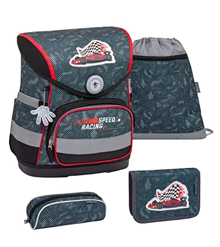 Belmil ergonomischer Schulranzen Set 4-teilig - für Jungen, 1-4 Klasse, ergonomisch mit Fidlock Magnetverschluss und reflektierenden Elementen, grau (405-41 Red Dots)