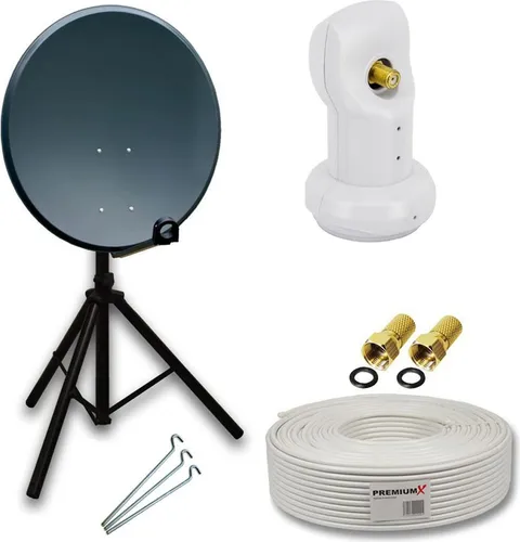 Premium X Camping Satelliten-Komplettanlage 60cm - SAT-Antennen mit 60cm Aluminium Satellitenschüssel und wasserfestem Single LNB für besten Empfang - ideal für Camping und Reisen, einfache Montage und hohe Signalqualität bei jedem Wetter.