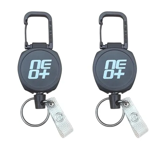 NEO+ Ausziehbarer Schlüsselanhänger, strapazierfähig, einziehbar, taktischer Ausweishalter mit verbessertem Karabinerhaken aus Zinklegierung, 67 cm beschichtete Stahlschnur, Kugellager 266 g, 2 Stück