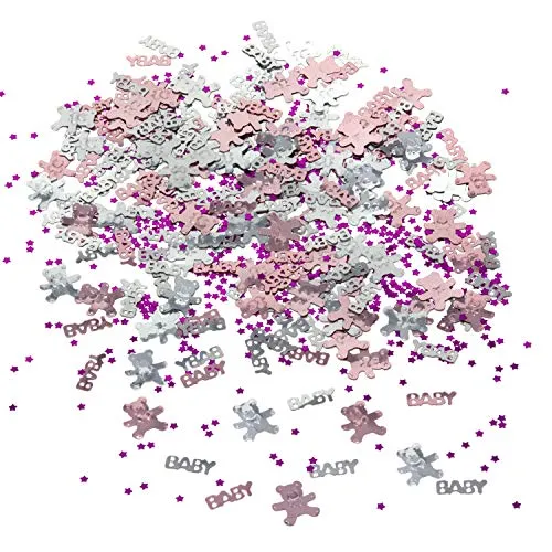 Oblique Unique® Konfetti Baby + Sternchen + Bärchen Pink Rosa Silber 500 Stk. Tisch Deko für Geburt Taufe Baby Shower Mädchen