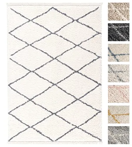 Wohnzimmer Shaggy Teppich 80 x 150 Weiss Grau Diamantmuster, Super Soft Moderner Hochflor Teppich