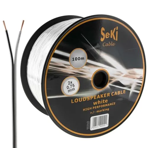 SeKi Lautsprecherkabel Weiß 2x 0,75mm² – 100 Meter Spule | CCA-Kupfer Boxenkabel für klaren Sound bei HiFi, Heimkino und Car-HiFi mit Polaritätskennzeichnung