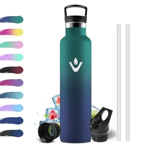 Thermosflasche 1L, Auslaufsicher Trinkflasche BPA-Frei, Isolierflasche mit Strohhalm, Einhandöffnung, Metall Wasserflasche Doppelwandig Isoliert, Wasserflasche für Fitness, Laufen, Büro, Schule