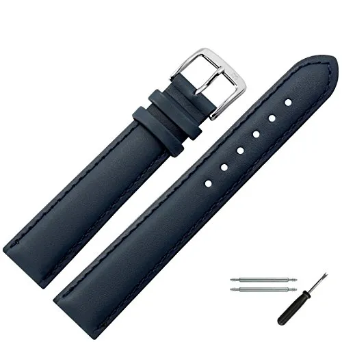 MARBURGER Uhrenarmband 20mm Leder Blau Silber Glatt Mit Naht - Montage Set 7942051000120