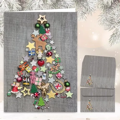 Edition Colibri 10 Weihnachtskarten: Bunter Weihnachtsbaum mit passendem Umschlag, A6, nostalgische, Weihnachtskarten mit Umschlag Set (11002)