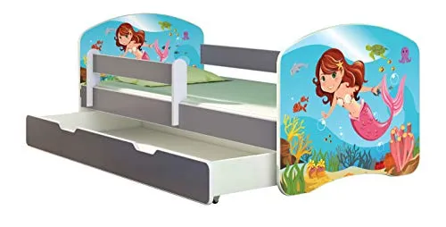 ACMA Kinderbett Jugendbett mit Einer Schublade und Matratze Grau mit Rausfallschutz Lattenrost II (09 Meerjungfrau, 160x80 + Bettkasten)