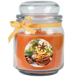 HS Candle Duftkerze (Dekokerze, 1-tlg), Weihnachten - Kerze im Bonbon Glas, Kerze mit Weihnachts - Motiv orange Ø 9 cm x 9 cm x 13 cm x 9 cm