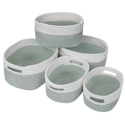Ezvsevuo Aufbewahrungskorb 5er Set, Korb Geflochten, Aufbewahrungskörbe, Aufbewahrungskorb Wickeltisch, Geschenkkorb Baumwolle, Organizer Korb für Badezimmer Babyzimmer Schlafzimmer - Weiß & Hellgrün