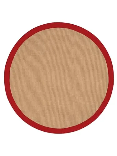 carpetfine Sisalteppich rund mit Bordüre - Runder Sisalteppich Ø 200 cm, Höhe 5 mm, mit roter Bordüre und rutschhemmender Rückseite. Ideal für ein stilvolles Ambiente, pflegeleicht und schmutzabweisend.