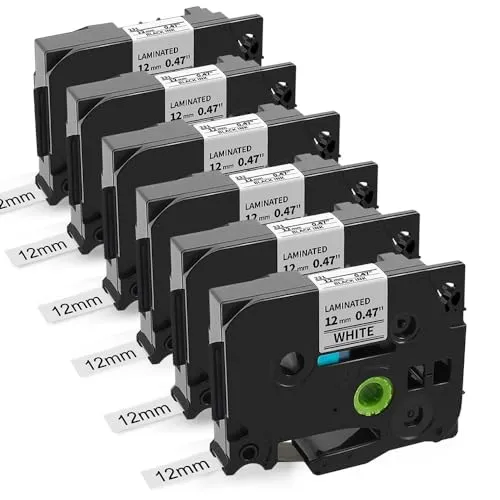 Unistar Ersatz für Brother TZe-231 schwarz auf weiß tze 0.47 White 12mm x 8m, 6x laminiert Schriftband für Brother P-touch H105 Etikettiergerät, PT-H100LB H107B Cube PT-D400 Beschriftungsgerät