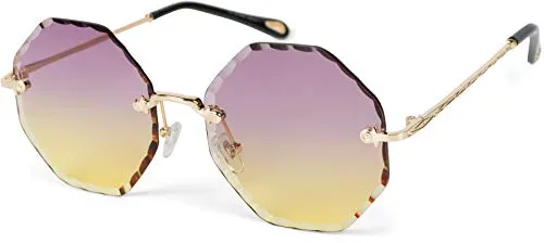 styleBREAKER Damen Runde Sonnenbrille Rahmenlos mit getönten Gläsern im Diamant Schliff, Geprägte Bügel, Vieleckige Gläser 09020118, Farbe:Gestell Gold/Glas Violett-Gelb Verlauf