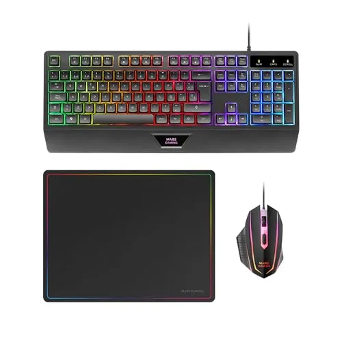 MARSGAMING MCP124, 3in1 Gaming Combo, Ergonomische H-Mech LED RGB Tastatur, RGB Maus 3200DPI HUANO Switches, Nanotextil-Mauspad 360x260mm, Multiplattform-Kompatibilität, Spanisches Layout, Schwarz
