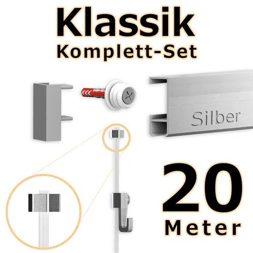 Bilderschienen Set 20 m in SILBER - Klassik – Bilderschiene inklusive Zubehör