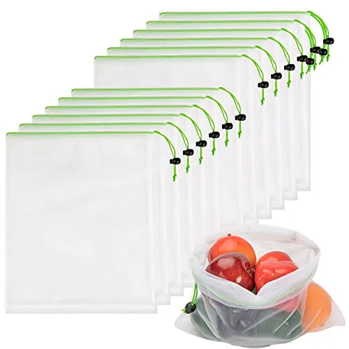 JSVSLTD Set mit 12 wiederverwendbaren Netzbeuteln – Größe M (30,5 x 35,6 cm) – Grün – Polyester – waschbar – Kordelzug-Verschluss