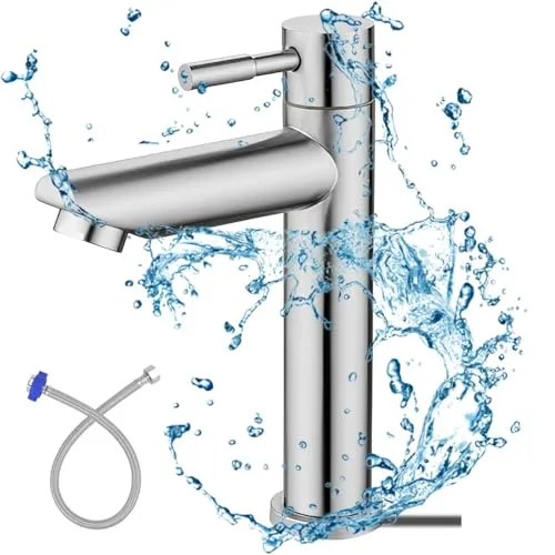 REFORUNG Kaltwasserhahn Edelstahl Kaltwasserarmatur Wasserhahn Waschtischarmatur Kaltwasser 175mm Badarmatur Waschbecken Armatur Waschtisch Einhebelarmatur mit 60cm Anschlussschlauch für Gäste WC Bad