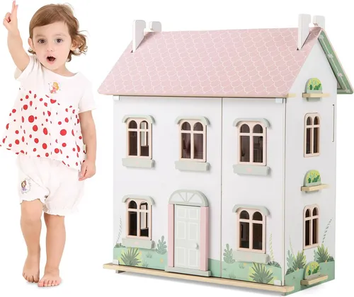 GOPLUS Holzpuppenhaus, 3 stöck. Puppenvilla mit Möbeln, doppelseitigen Dächern, öffnenden Türen, Holzleitern, Spielzeughaus für Kinder ab 3 Jahren