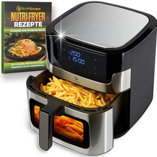 Nutrilovers Heißluftfritteuse 2000 W schwarz-silber - XXL-Garvolumen von 8 l für große Portionen. Mit moderner Heißlufttechnologie für fettfreies Frittieren und intuitivem LED-Touchdisplay. Ideal für vielseitiges Kochen!