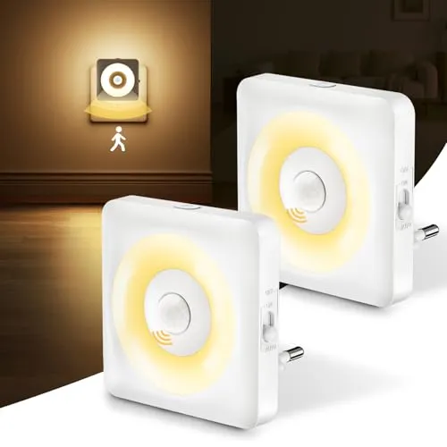 Nachtlicht Steckdose mit Bewegungssensor und Dämmerungssensor Dimmbar LED Nachtlicht Kinder, 2 Stück Steckdosenlicht mit EIN/AUTO/AUS Modi Warmweißes Night Light für Kinderzimmer,Flur, Schlafzimmer