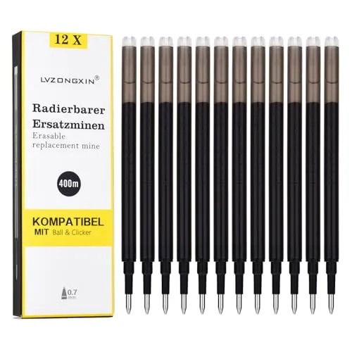 [12 Stück] - LVZONGXIN Radierbare Ersatzmine, Kompatibel mit Pilot FriXion Ball & Clicker & Eberhard Faber, Tintenroller Radierbar, Spitze 0,7 mm, (Schwarz, 12)