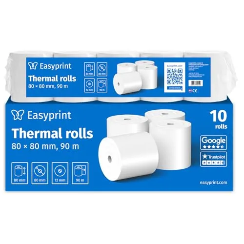 NEU: Easyprint Thermorollen/Kassenrollen, 10 Rollen, 80mm x 80mm x 12mm, 90m, PEFC Umweltzertifikat, Für EPSON, IBM, u.v.m.