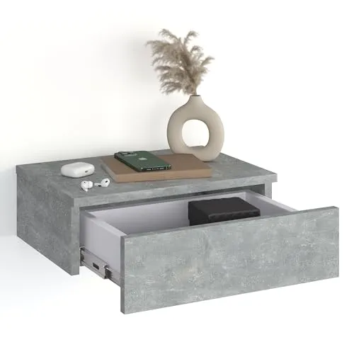 KOMTO Wandregal mit Schublade Beton - Moderner Nachttisch für Wandmontage - Nachttisch Hängend aus hochwertigem Holzwerkstoff, ideal zur Raumorganisation. Schlichtes Design in verschiedenen Farben, perfekt für Schlafzimmer oder Flur. Einfache Montage mit Videoanleitungen.