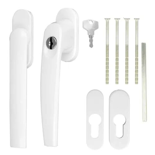 Alu Terrassentürgriff Paar - Weiß RAL9016, abschließbar - Türgriff-Set aus Aluminium für Rollladen, pulverbeschichtet und UV-beständig. Inklusive Schlüssel und Befestigungsschrauben, ideal für Sicherheit und Langlebigkeit.