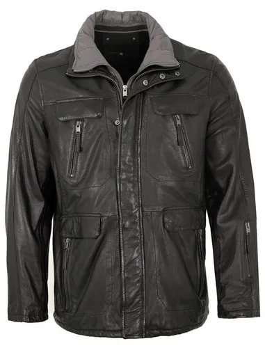 Lederjacken24 Lederjacke Salmon-6 Herren Lederjacke Longjacke Lammnappa schwarz