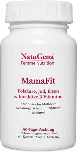 NatuGena MamaFit - Vitamin B6, B12, Eisen, Jod, Kupfer - Vitaminpräparat für Mütter in Schwangerschaft und Stillzeit, unterstützt Wachstum und Hormontätigkeit, 180 Kapseln für optimale Nährstoffversorgung.