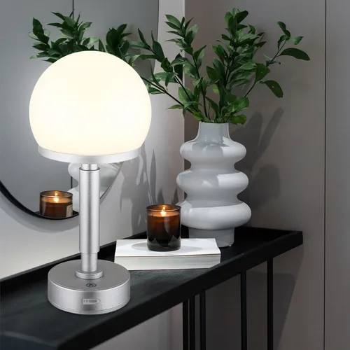 Beistellleuchte Pilz Tischlampe mit Touchdimmer und Akku - Moderne silberne Tischlampe mit dimmbarer LED-Technik. Ideal für jedes Zimmer, kabellos und mit USB-Ladefunktion für flexibles Licht überall.