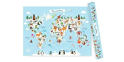 Friendly Fox DIN A1 Kinder Weltkarte Poster Kinderzimmer, Lernposter Tiere der Welt