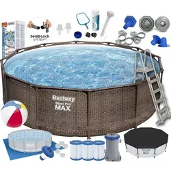 XXL SET 56709 Steel Pro Max Pool Schwimmbecken Rattanoptik Frame Pool 366x100 cm Pumpe SET viel Zubehör
