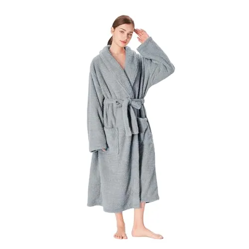 Catalonia Classy Flauschig Bademantel Damen Herren, Fluffy Sherpa Morgenmantel Lang, Sauna Bademäntel ohne Kapuze, Warme Geschenke für Frauen, Grau, M