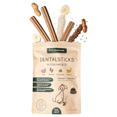 Hunderunde – Dental Sticks Nussknacker 63 STK – vegane Zahnpflege Kausticks für Hunde – mit Erdnuss & Banane – getreidefrei & ohne tierische Proteine – zur Plaque & Zahnsteinreduktion – Kausnack