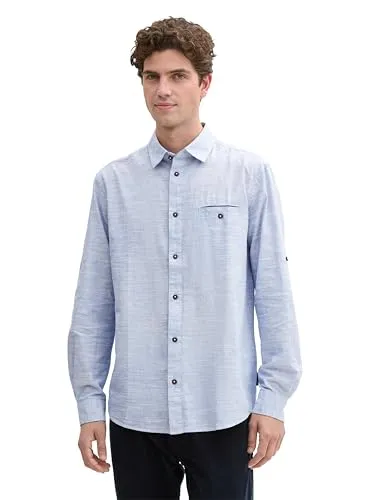 Tom Tailor Herren Langarm Hemd STRUCTURED SLUBYARN - Regular Fit in Weiß Blau - Herren-Freizeithemden aus 100% Baumwolle, bequem und stilvoll für Büro oder Freizeit, ideal für ein gutes Auftreten.