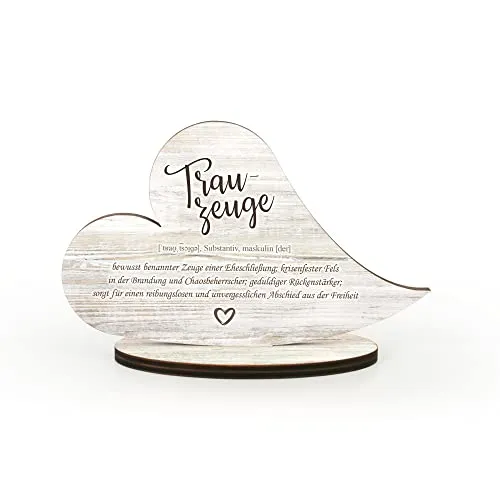 Kreative Feder Dekorativer HERZ-AUFSTELLER „Trauzeuge“- Holz-Deko mit Standfuß und Worterklärung wie aus dem Lexikon (Trauzeuge)