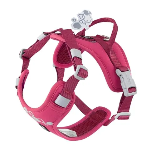 Hurtta Weekend Warrior Hundegeschirr II ECO (Ruby, rosa, 75-100 cm) - Robustes Hundegeschirr mit stabilen Sicherheitsgriff und reflektierenden Details für optimale Sichtbarkeit. Verstellbare Gurte sorgen für eine bequeme Passform und gleichmäßige Zugverteilung.