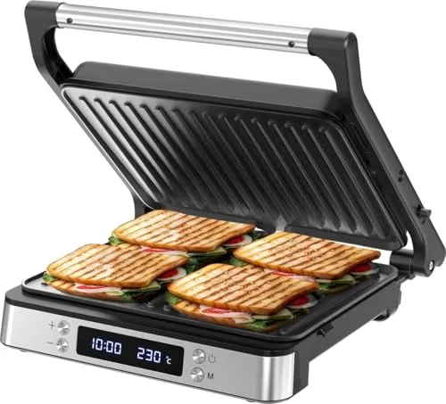 Olvy Sandwichmaker XXL, Digitaler Kontaktgrill mit Antihaftplatten, 3-in-1 Panini Maker, 180° offener Grill, einstellbare Temperatur, Timer, große Kochfläche, Cool-Touch-Griff, PFAS-freie Beschichtung