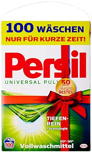 Persil Universal Pulver Waschmittel, 100 Waschladungen, 6,5 kg - Waschmittel für strahlend reine Wäsche – Mit Tiefenrein-Plus Technologie für kraftvolle Fleckentfernung und langanhaltende Frische. Ideal für alle Textilien, um die Fasern zu schonen und eine nachhaltige Reinigung zu gewährleisten.