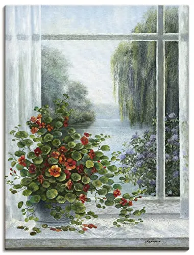ARTLAND Wanddeko Leinwand Bilder Wandbild 60x80 cm Stillleben Arrangements Botanik Malerei Grau A6MO Kapuzinerkresse am Fenster