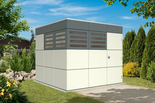 Skan Holz Gartenhaus Sydney 253 cm x 253 cm - Holz-Gartenhaus in modernem Telegrau, bietet großzügigen Stauraum mit 6,4 m², ideal für Gartenutensilien und Möbel. Robuste Konstruktion mit 10 mm Wandstärke schützt vor Witterungseinflüssen.