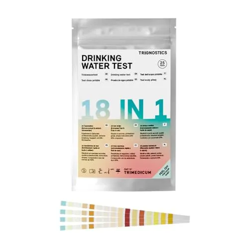 Produktbild Trignostics Wassertester Trinkwasser & für Pool, Aquarium, Teich – 25 Teststreifen 18in1 Schnelltest pH, Härte, Chlor, Nitrat, Blei, Eisen – Leitungswasser & Brunnen prüfen in 30 Sekunden