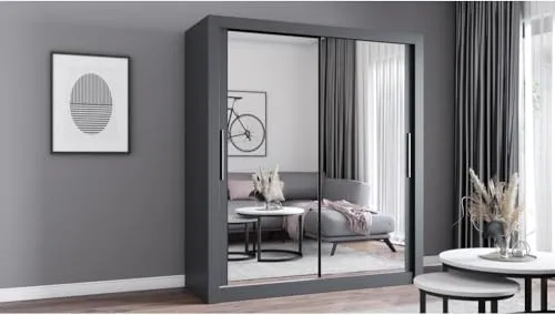 Fabryka Mebli Idźczak Kleiderschrank mit Spiegel - Moderner Schwebetürenschrank - Kleiderschrank mit großem Spiegel und leichtgängigem Schiebetürsystem, ideal für Schlafzimmer und Ankleidezimmer. Robuste, langlebige Bauweise sorgt für optimale Organisation von Kleidung und Accessoires.