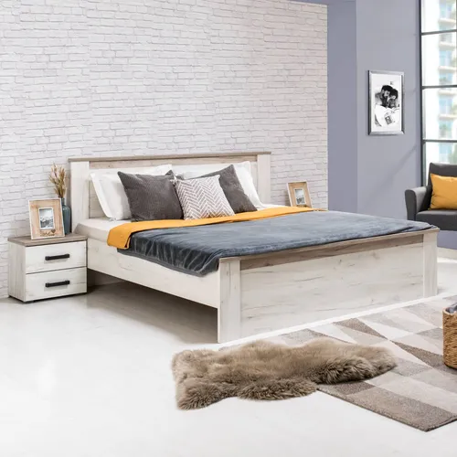 Homestyle4u Holzbett 160x200 Doppelbett im Vintage Look - Stilvolles Holzbett 160x200 cm im zeitlosen Landhausstil mit stabiler Verarbeitung und rustikaler Eichenoptik, inklusive Rolllattenrost - ideal für Schlafzimmer, Jugendzimmer oder Gästezimmer.
