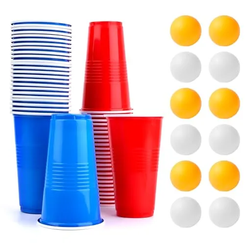 talifoca Bierpong Becher Set, Beer Pong Becher Enthält 50 Becher(500ML) und 12 Tischtennisbälle, Beerpong Partybecher, mehrwegbecher,Für Party Trinkspiele,Party Geburtstag Festivals Hochzeit Camping