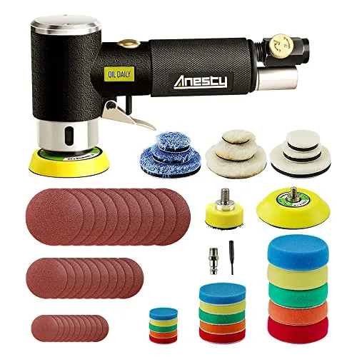 Anesty Mini Druckluft Exzenterschleifer Set 25mm 50mm 75mm - Poliermaschinen für kleine Ausbesserungsarbeiten, ideal für schwer zugängliche Stellen. Hochwertig, langlebig und ergonomisch, sorgt für einen glatten Poliereffekt bei minimalem Luftverbrauch.